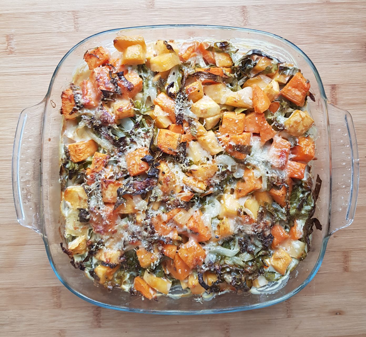 Sweet potato, swede and spring greens gratin - The Fuss Free Foodie